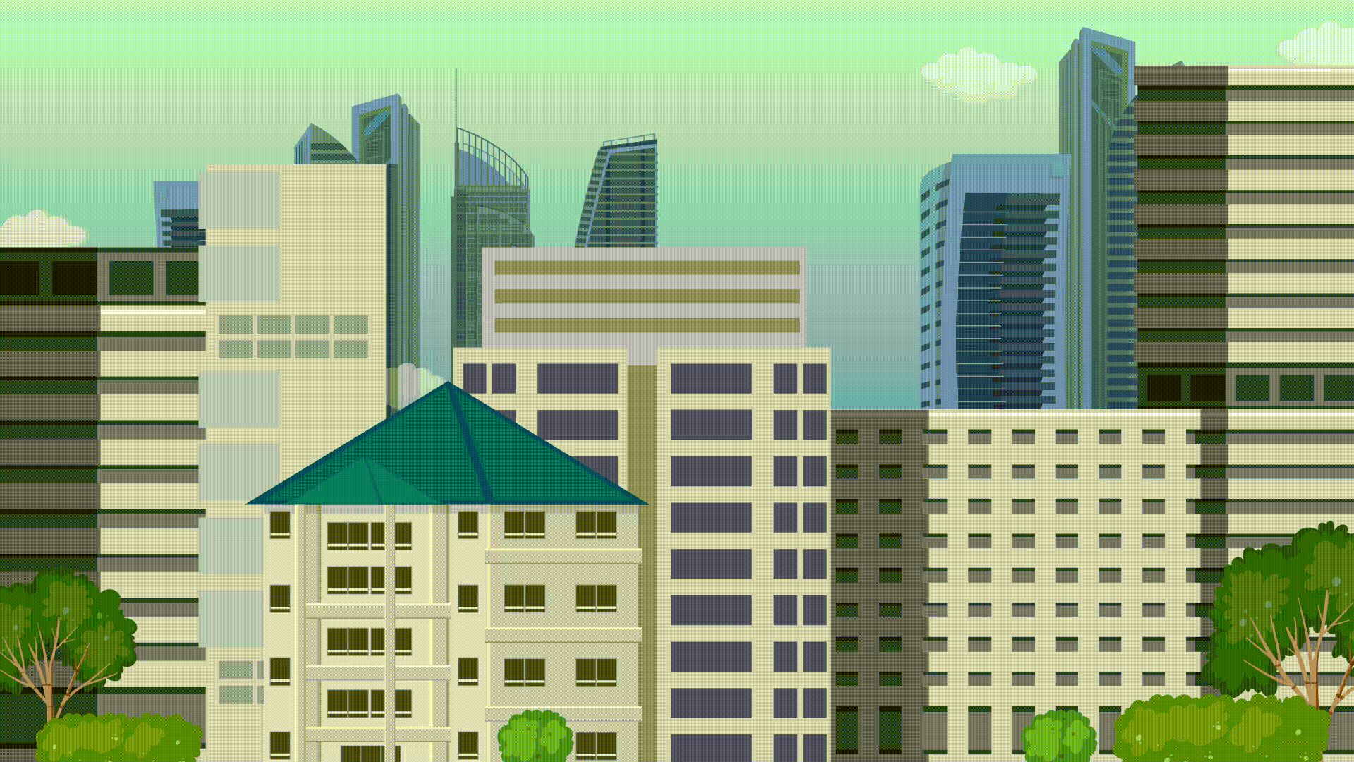 Animated Aljarida Pro explainer film showing an illustrated city scene