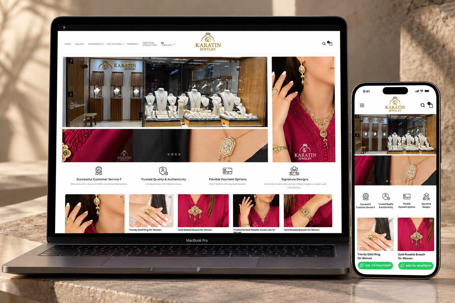 Karatin Jewelry website shown on laptop and phone