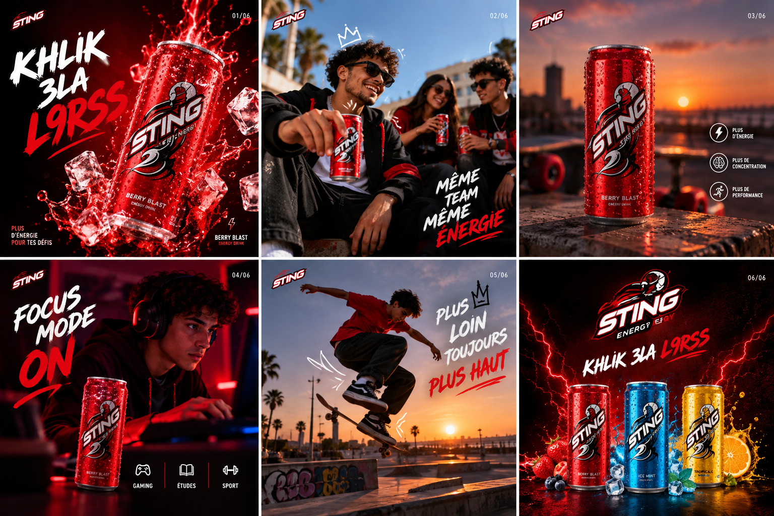 Sting Energy drink concept social posts showing product, friends and sport