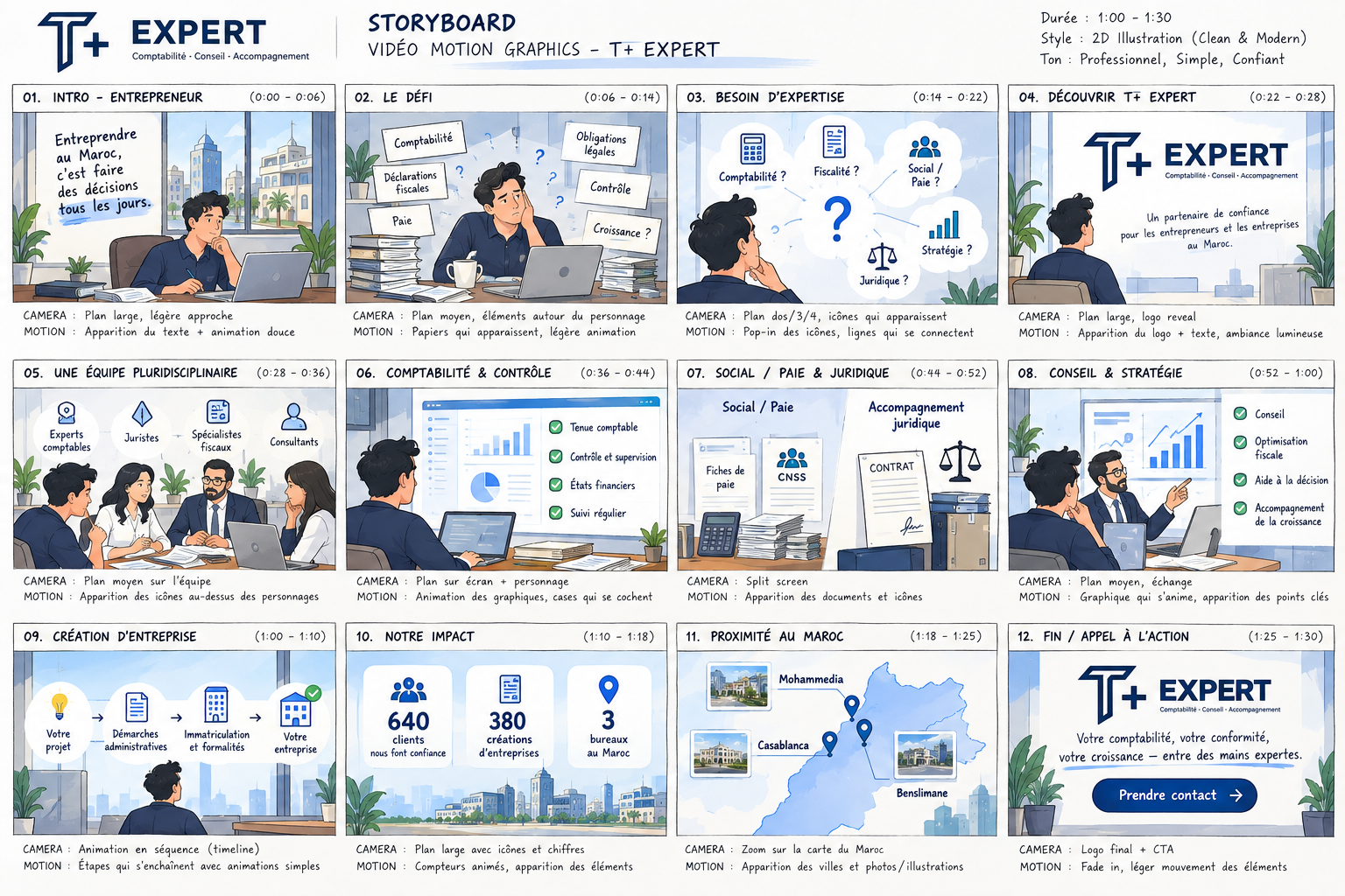 T+ Expert storyboard showing the animated explainer film scenes
